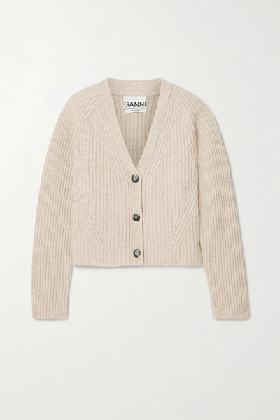 Shop Ganni Cropped Ribbed Wool-blend Cardigan In Beige