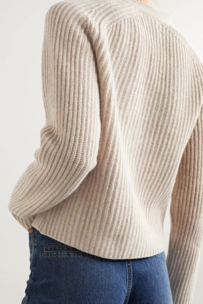 Shop Ganni Cropped Ribbed Wool-blend Cardigan In Beige