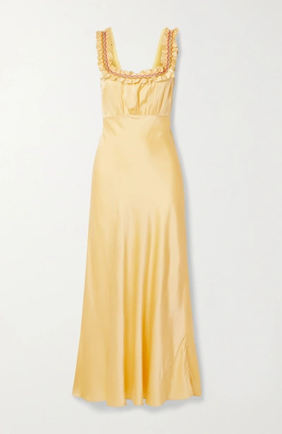 Shop Doen Nola Embroidered Silk-satin Maxi Dress In Pastel Yellow