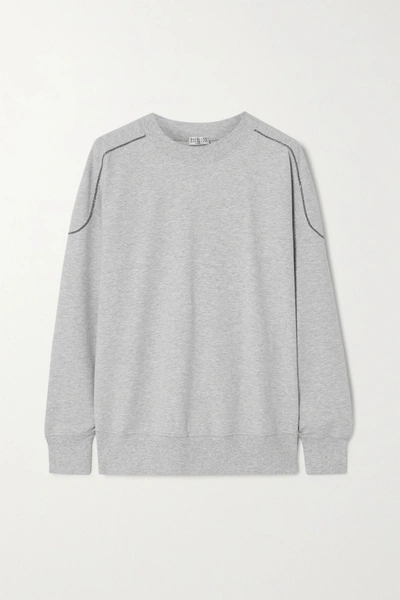 Shop Brunello Cucinelli Bead-embellished Mélange Stretch-cotton Jersey Sweatshirt In Light Gray