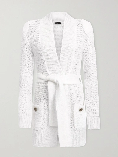 Shop Balmain Belted Open-knit Mohair-blend Cardigan In White