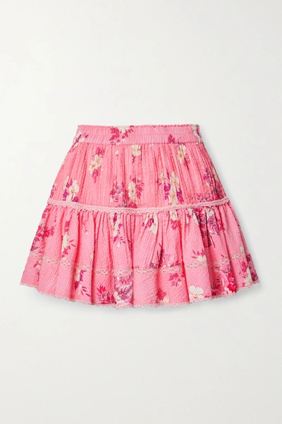Shop Loveshackfancy Jennings Crochet-trimmed Floral-print Cotton-seersucker Mini Skirt In Antique Rose