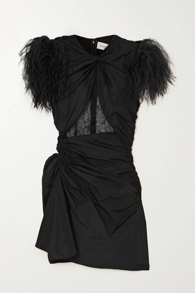 Shop 16arlington Sumire Feather And Lace-trimmed Ruched Shell Mini Dress In Black