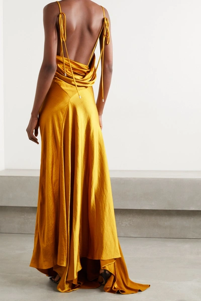Shop Solace London Aletta Asymmetric Draped Hammered-satin Gown In Gold