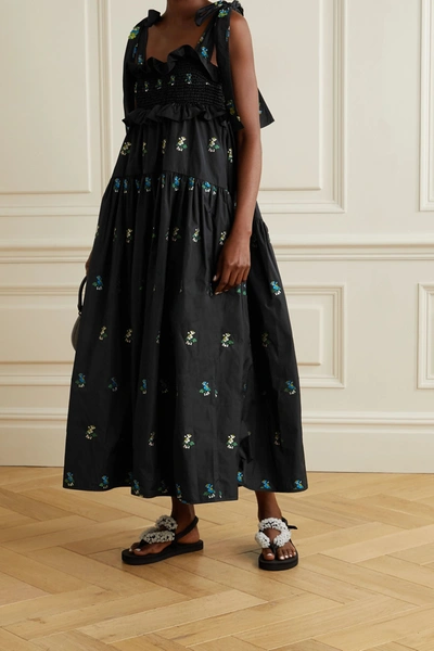 Shop Cecilie Bahnsen Mika Ruffled Embroidered Taffeta Midi Dress In Black