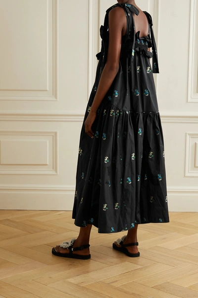 Shop Cecilie Bahnsen Mika Ruffled Embroidered Taffeta Midi Dress In Black