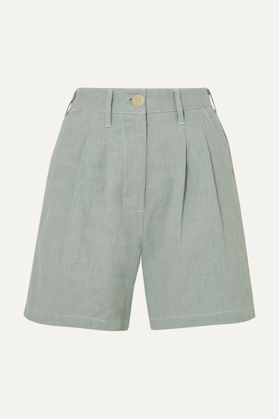Shop L.f.markey Pleated Linen And Cotton-blend Shorts In Blue