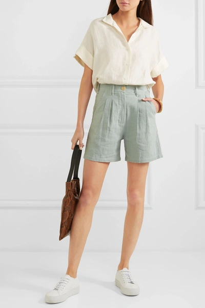 Shop L.f.markey Pleated Linen And Cotton-blend Shorts In Blue