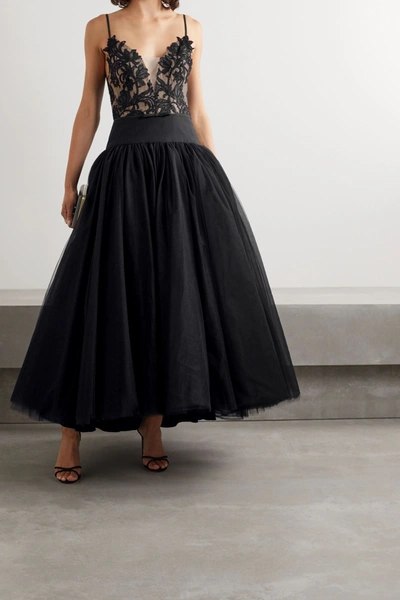 Shop Monique Lhuillier Satin-trimmed Guipure Lace And Tulle Gown In Black