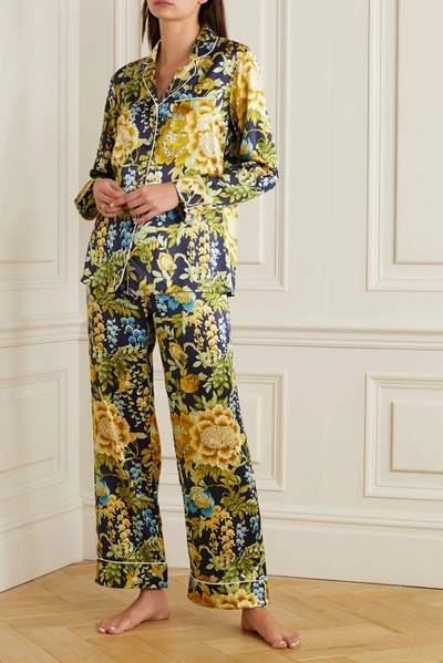 Shop Olivia Von Halle Lila Floral-print Silk-satin Pajama Set In Navy