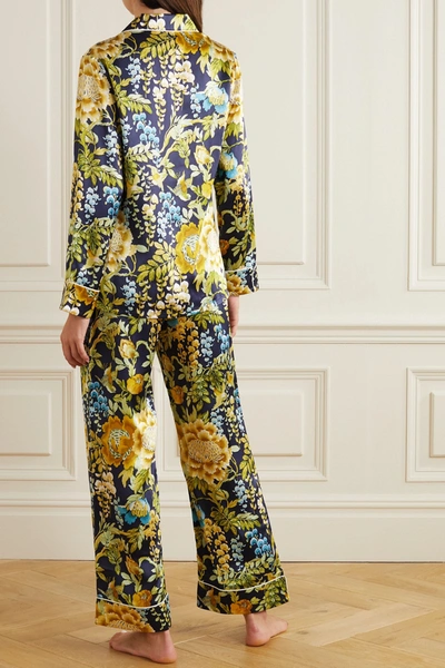 Shop Olivia Von Halle Lila Floral-print Silk-satin Pajama Set In Navy