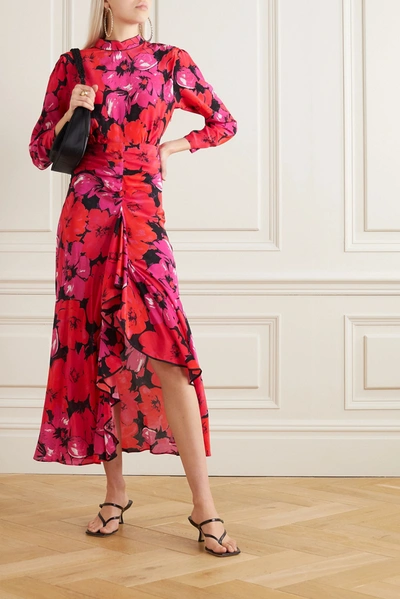 Shop Rixo London Dani Open-back Ruffled Floral-print Silk Midi Dress In Pink