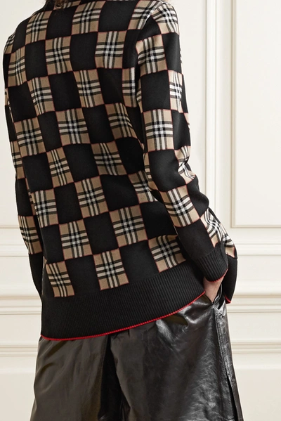 Shop Burberry Checked Intarsia Wool-blend Cardigan In Black