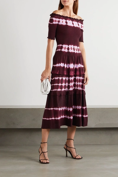 Shop Altuzarra Ayaka Off-the-shoulder Smocked Tie-dyed Knitted Midi Dress In Burgundy