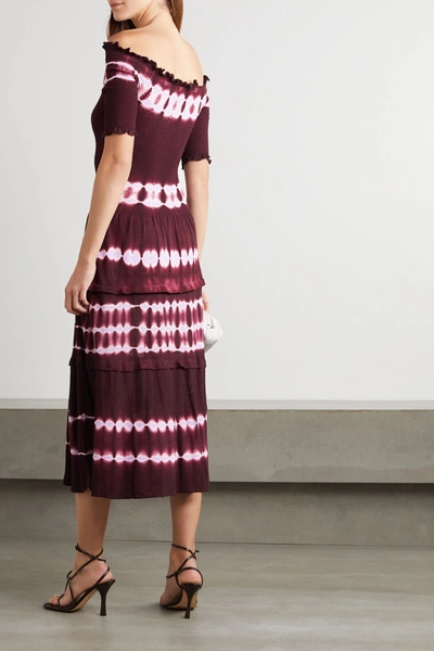Shop Altuzarra Ayaka Off-the-shoulder Smocked Tie-dyed Knitted Midi Dress In Burgundy