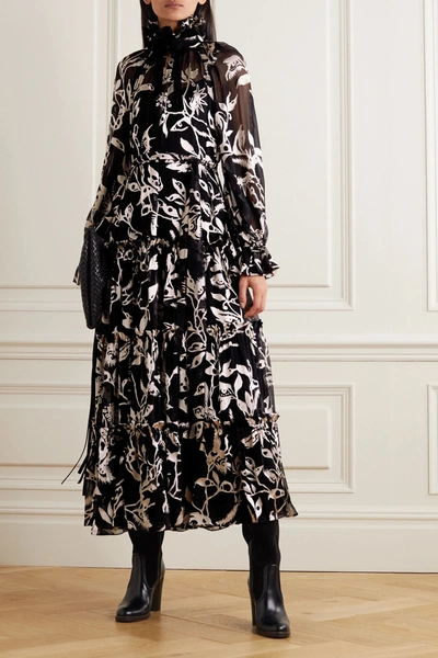Shop Zimmermann Ladybeetle Tie-detailed Tiered Devoré-chiffon Maxi Dress In Black