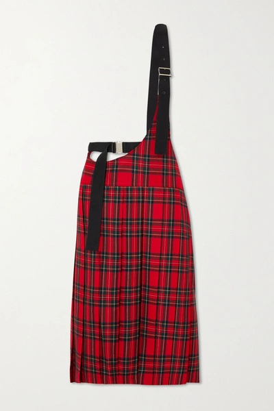 Shop Junya Watanabe Buckled Pleated Tartan Wool-twill Skirt In Red