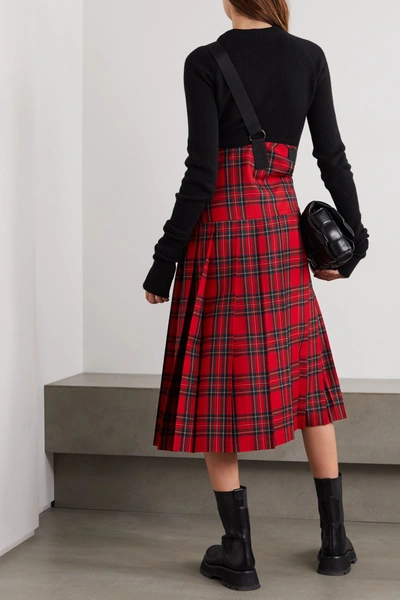 Shop Junya Watanabe Buckled Pleated Tartan Wool-twill Skirt In Red