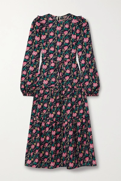 Shop Anna Mason Christy Tiered Floral-print Cotton-poplin Midi Dress In Purple