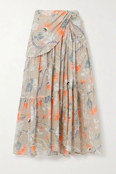 Shop Chloé Ruched Floral-print Ramie Midi Skirt In Green