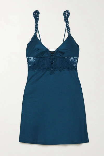 Shop La Perla Zephyr Embroidered Tulle And Stretch Silk-satin Chemise In Blue