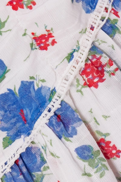 Shop Loveshackfancy Arlo Belted Crochet-trimmed Ruffled Floral-print Cotton Mini Dress In Blue