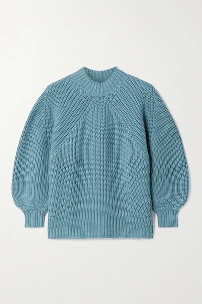 Shop Apiece Apart Nueva Merel Ribbed Cotton And Cashmere-blend Sweater In Blue