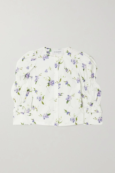 Shop Les Rêveries Elizabeth Ruched Ruffled Floral-print Cotton-poplin Shirt In White
