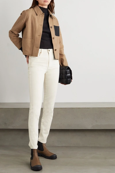 Shop Ferragamo Cropped Leather-trimmed Cotton And Linen-blend Jacket In Beige
