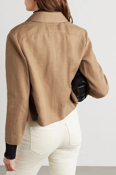 Shop Ferragamo Cropped Leather-trimmed Cotton And Linen-blend Jacket In Beige