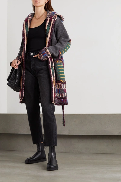 Shop Etro Hooded Belted Embroidered Wool-blend Jacquard Cardigan In Charcoal