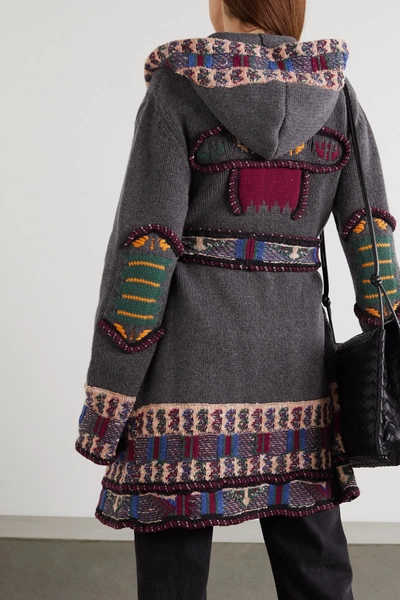 Shop Etro Hooded Belted Embroidered Wool-blend Jacquard Cardigan In Charcoal