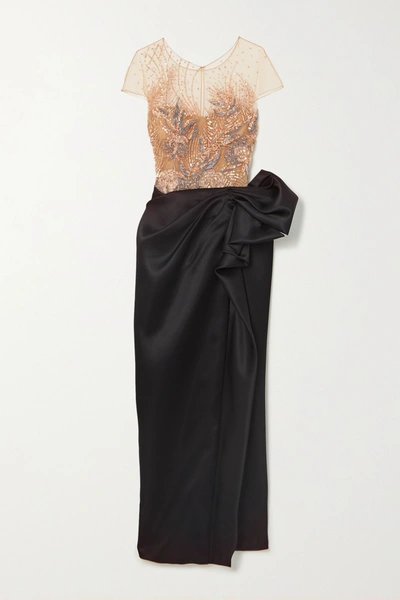 Shop Marchesa Embellished Metallic Tulle And Gathered Satin Gown In Rose Gold