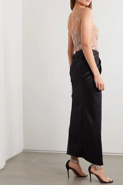 Shop Marchesa Embellished Metallic Tulle And Gathered Satin Gown In Rose Gold