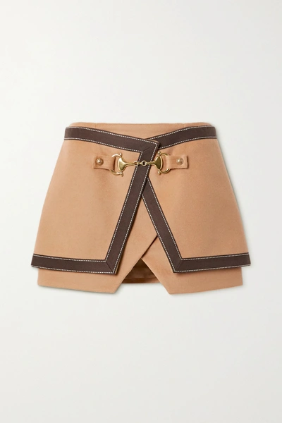 Shop Balmain Layered Cotton-trimmed Wool And Cashmere-blend Mini Skirt In Camel