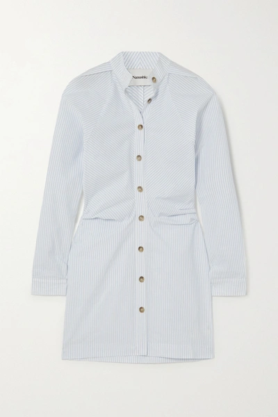 Shop Nanushka Violet Ruched Pinstriped Cotton-poplin Shirt Dress In Light Blue