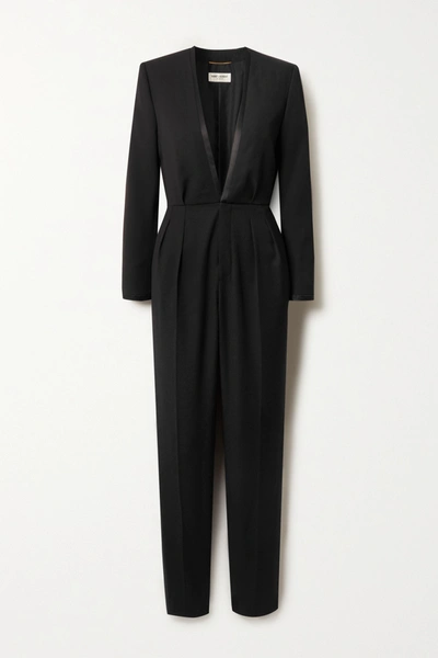 Shop Saint Laurent Satin-trimmed Wool-crepe Jumpsuit In Black