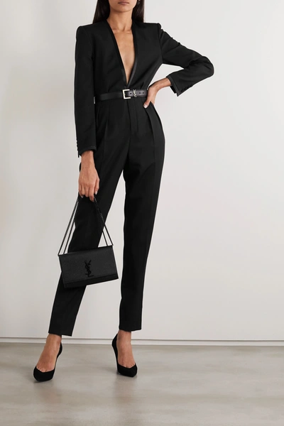 Shop Saint Laurent Satin-trimmed Wool-crepe Jumpsuit In Black
