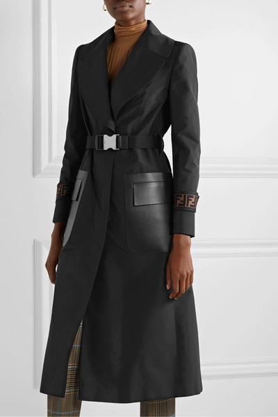 Shop Fendi Belted Jacquard And Leather-trimmed Gabardine Trench Coat In Black