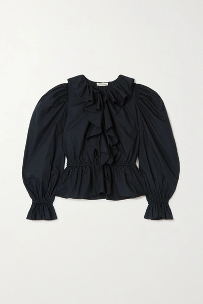 Shop Ulla Johnson Kalila Tie-detailed Ruffled Cotton-poplin Blouse In Black