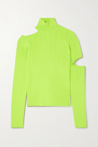 Shop Andersson Bell Jessica Embellished Cutout Neon Cable-knit Turtleneck Sweater In Green