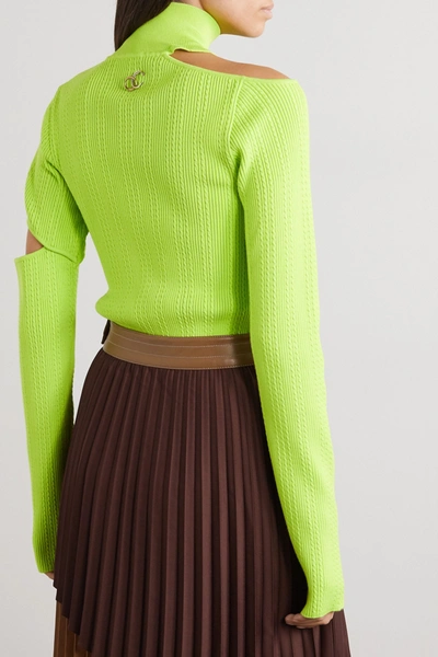 Shop Andersson Bell Jessica Embellished Cutout Neon Cable-knit Turtleneck Sweater In Green