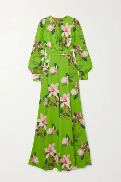 Shop Andrew Gn Floral-print Silk-crepe Gown In Green