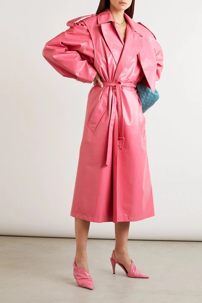 Shop Bottega Veneta Crinkled Glossed-leather Trench Coat In Pink