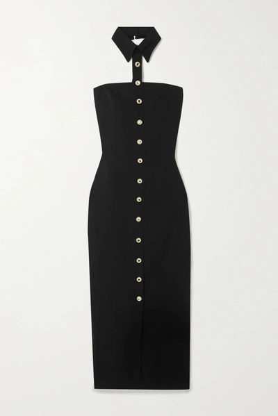 Shop Alessandra Rich Strapless Crystal-embellished Wool-blend Crepe Midi Dress In Black