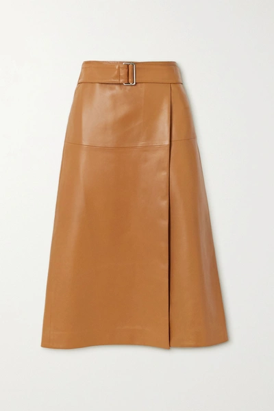 Shop Joseph Salic Belted Leather Midi Skirt In Camel