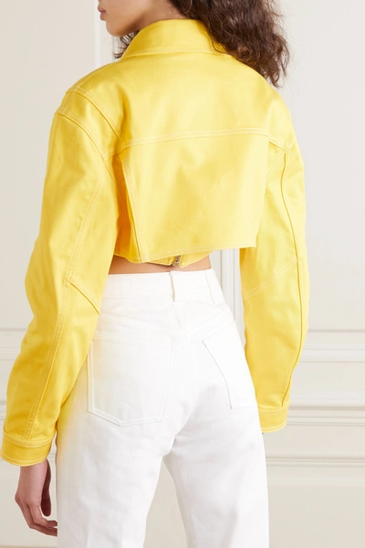 Shop Balmain Cropped Denim Jacket In Yellow