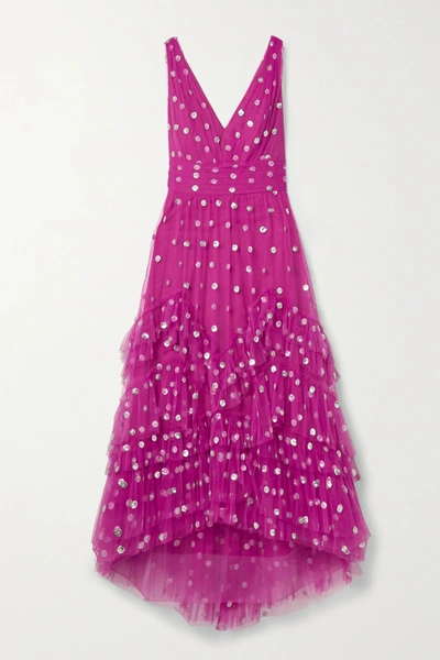 Shop Marchesa Notte Ruffled Polka-dot Sequined Tulle Gown In Fuchsia