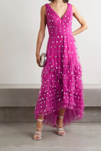 Shop Marchesa Notte Ruffled Polka-dot Sequined Tulle Gown In Fuchsia