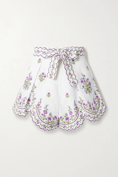 Shop Zimmermann Poppy Belted Scalloped Embroidered Linen Shorts In Ivory